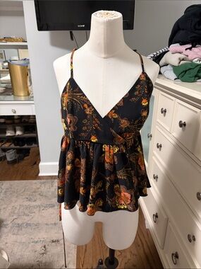 Urban Outfitters Black Floral V-Neck Spaghetti Strap Peplum Camisole